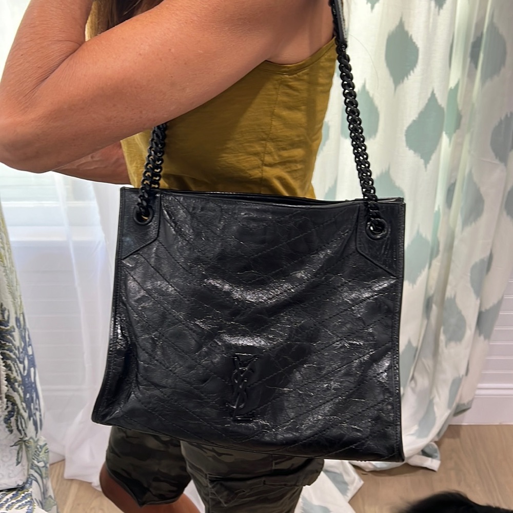 YSL Black Niki Medium Crinkle Calf  Shopper